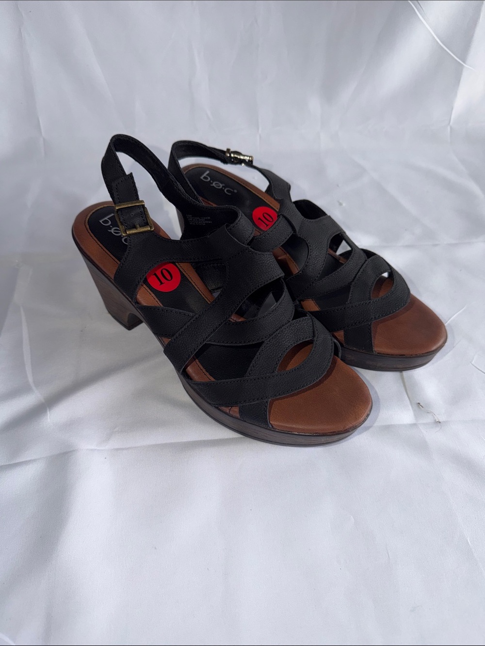 b.o.c. Born Concept Marybeth Black Leather Strappy Wood Wedge Sandals Women's 10